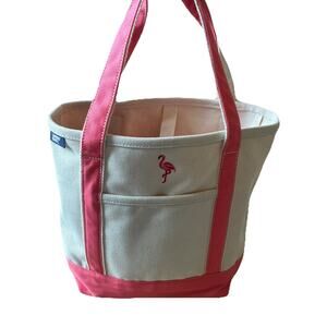 Lands End Boat Tote Large Canvas Bag 6 Pocket Pink Flamingo Embroidered Beach